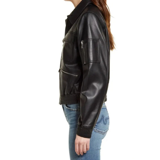 Flight Edge Bomber Black Leather Jacket