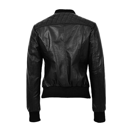 Diamond Quilted Black Leather Bomber Jacket