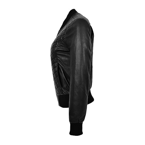 Diamond Quilted Black Leather Bomber Jacket