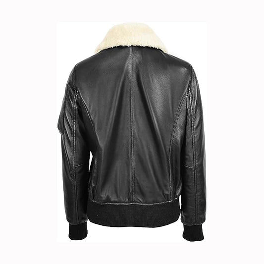 Dual Collar Black Leather Bomber Jacket