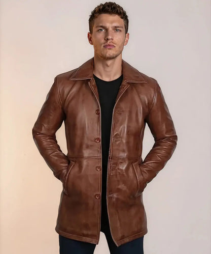 Casual Brown Leather Coat