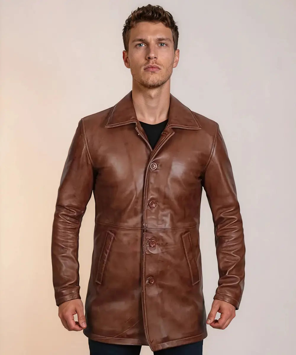 Casual Brown Leather Coat