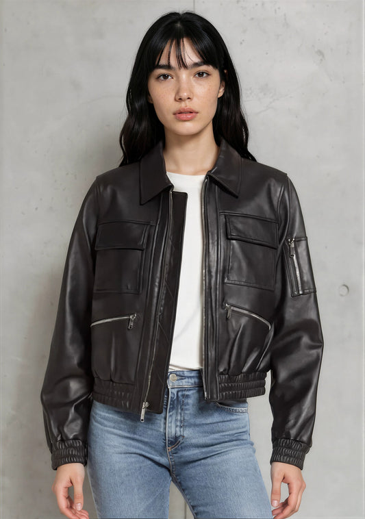Flight Edge Bomber Black Leather Jacket