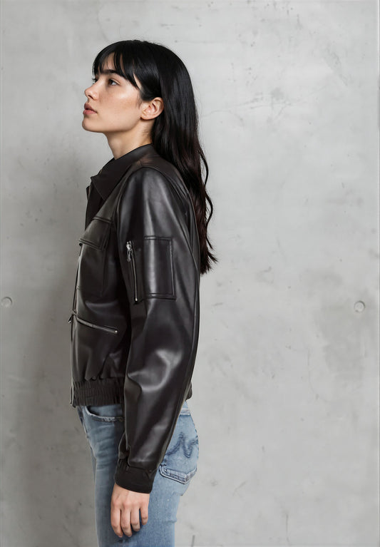 Flight Edge Bomber Black Leather Jacket