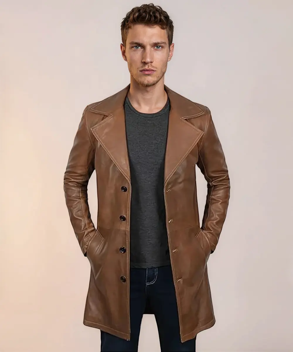 Maverick Brown Leather Long Coat