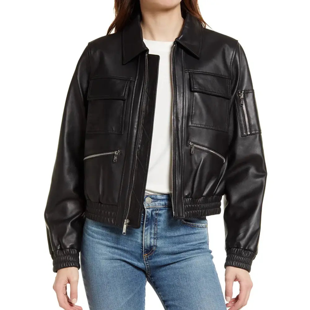 Flight Edge Bomber Black Leather Jacket