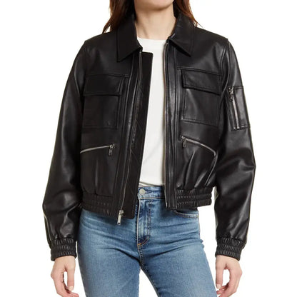 Flight Edge Bomber Black Leather Jacket