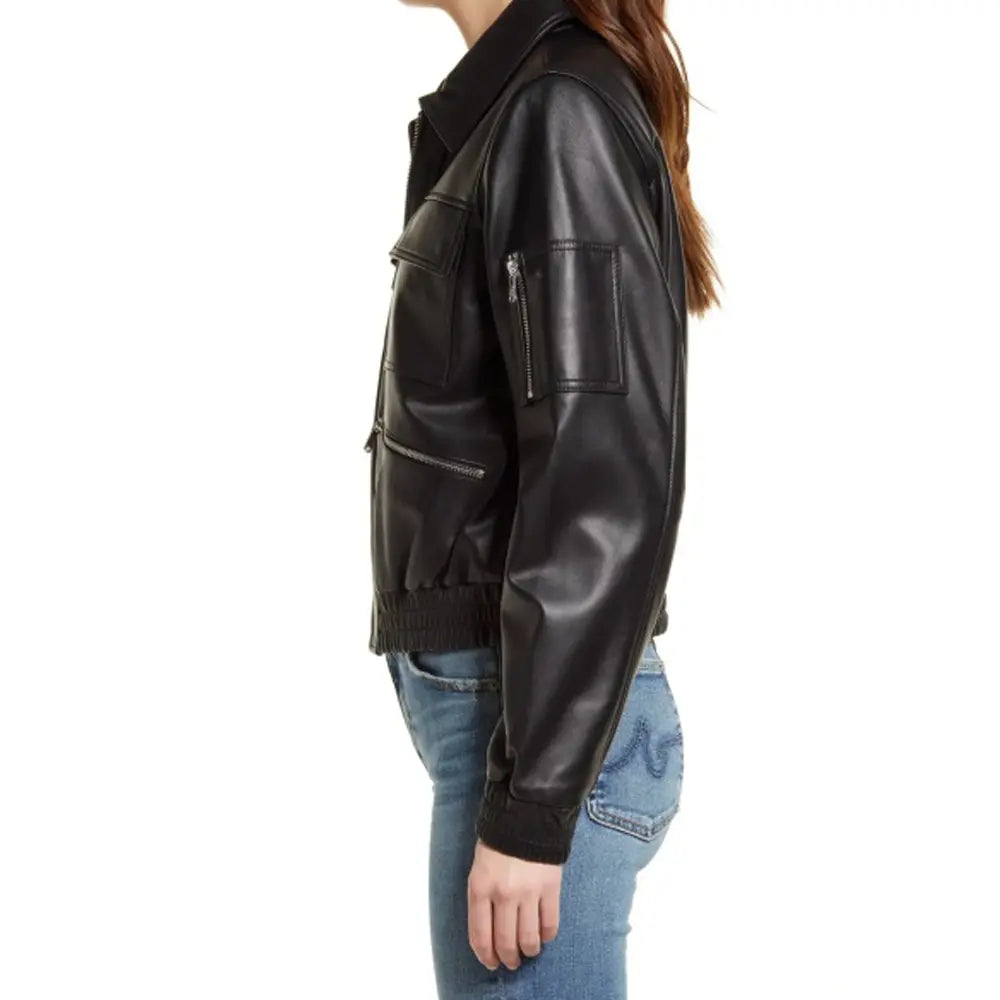 Flight Edge Bomber Black Leather Jacket