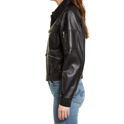 Flight Edge Bomber Black Leather Jacket