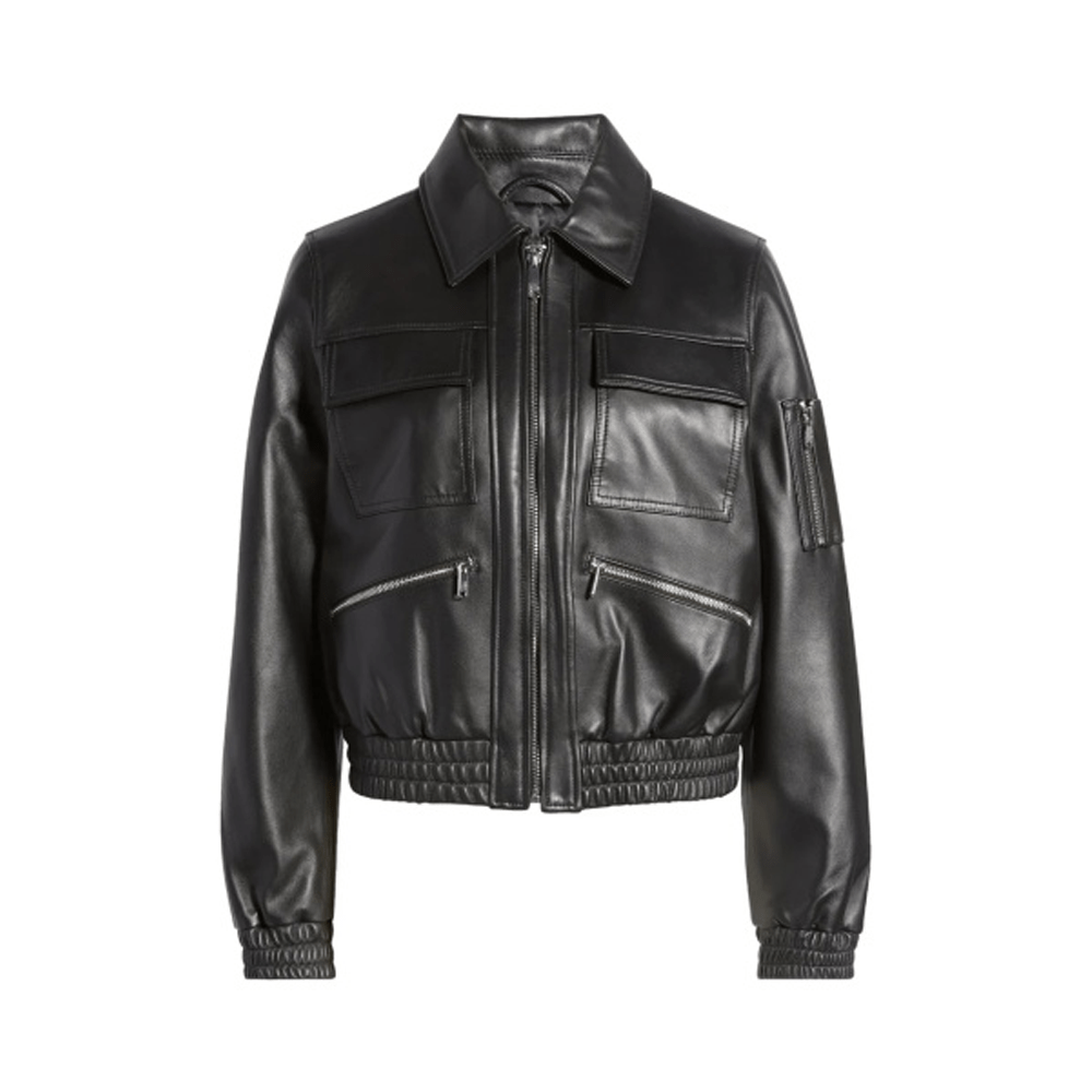 Flight Edge Bomber Black Leather Jacket