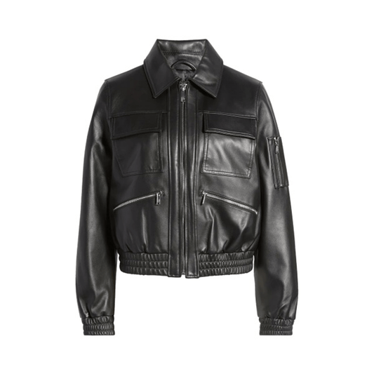 Flight Edge Bomber Black Leather Jacket