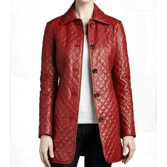 Red Quilted Slimfit Leather Coat