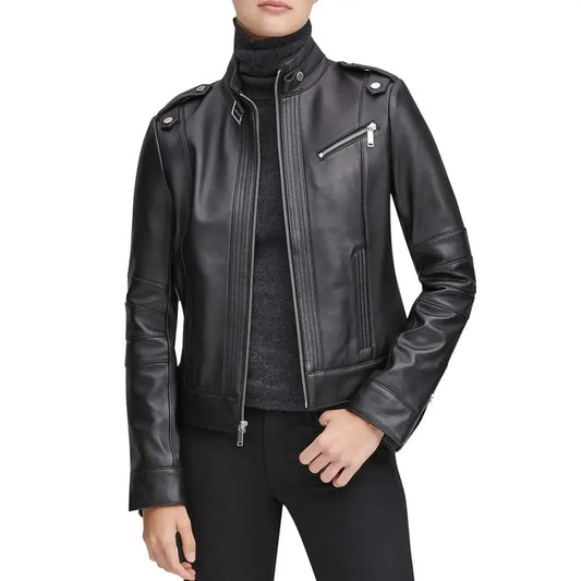 Black Stand Collar Jacket Leather
