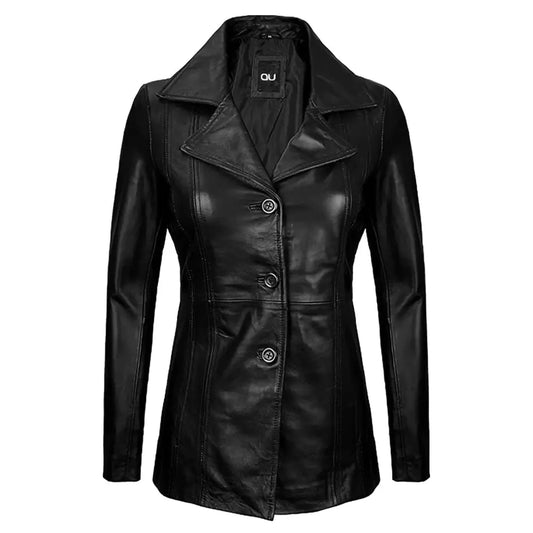 Noir Black Casual Leather Blazer