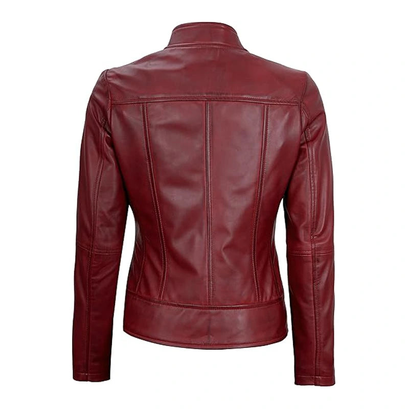 Burgundy Cafe Racer Leather Motorcycle Jacket