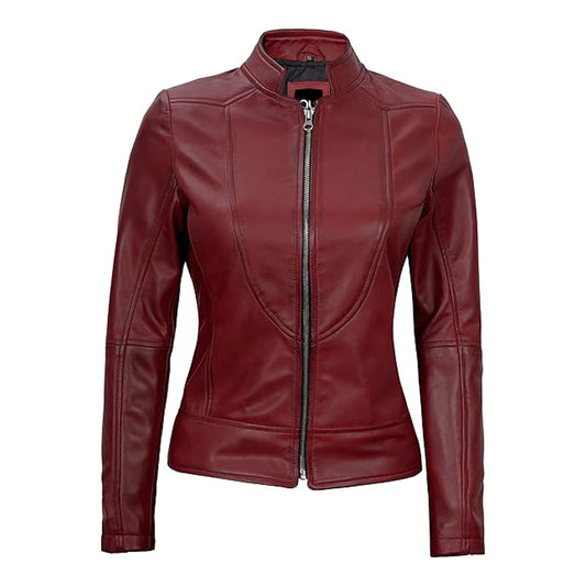Burgundy Cafe Racer Leather Motorcycle Jacket