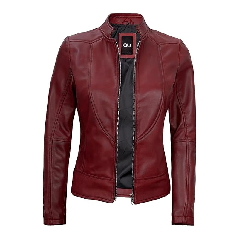 Burgundy Cafe Racer Leather Motorcycle Jacket