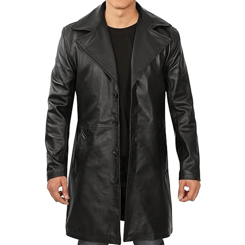 Maverick Black Leather Long Coat