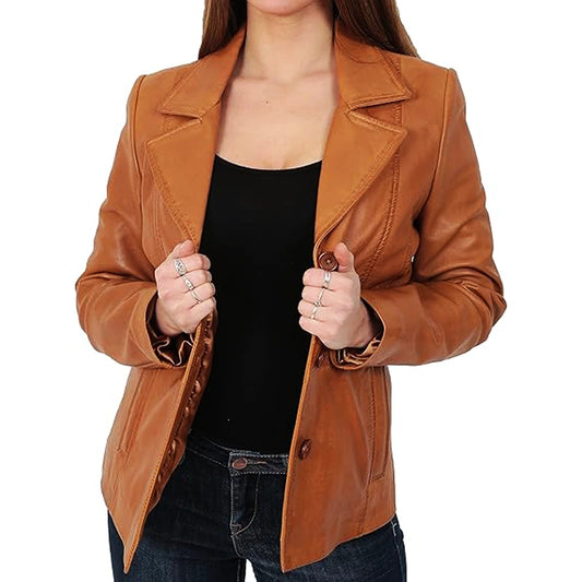 Hazel Brown Casual Leather Blazer