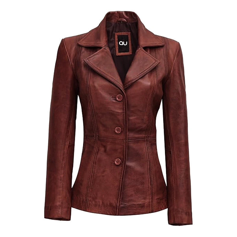 Wine Maroon Leather Blazer Jacket