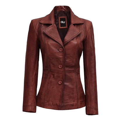Wine Maroon Leather Blazer Jacket