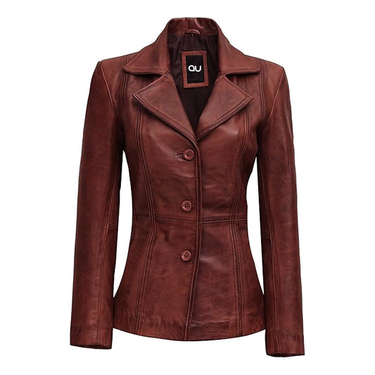 Wine Maroon Leather Blazer Jacket
