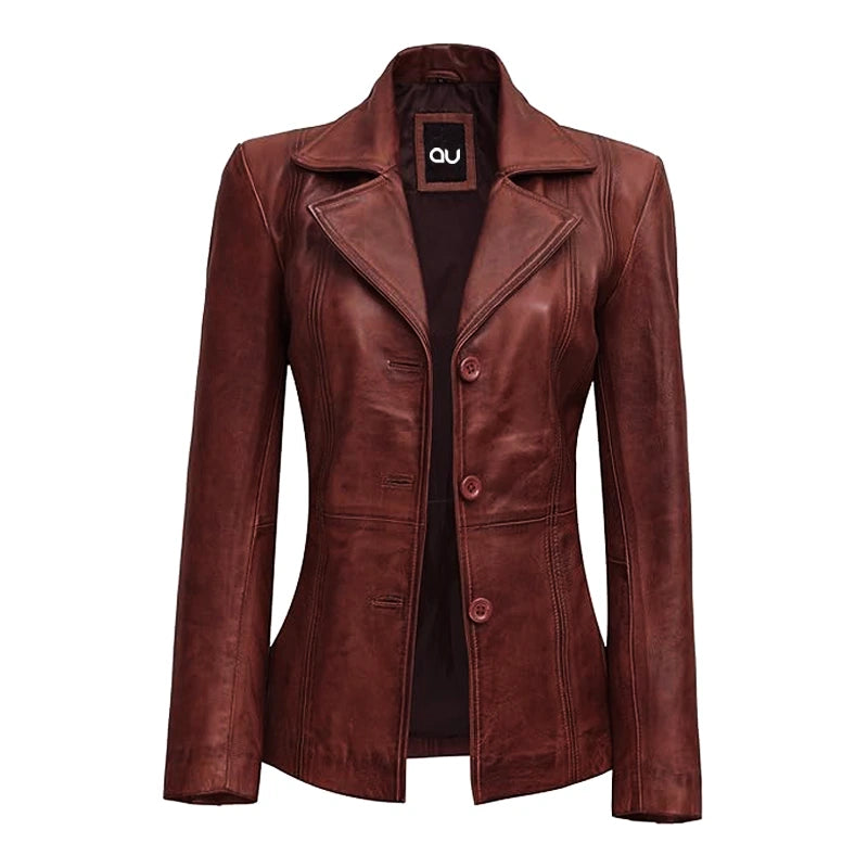 Wine Maroon Leather Blazer Jacket
