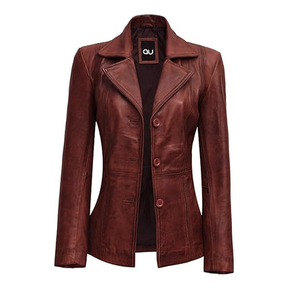 Wine Maroon Leather Blazer Jacket