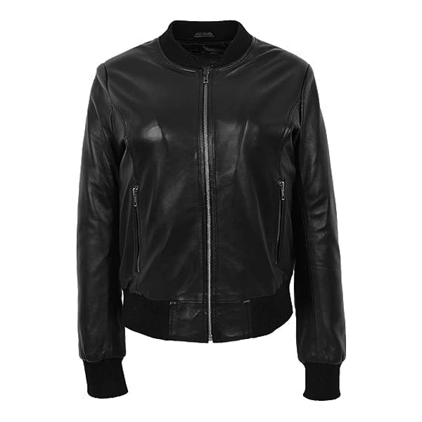 Classic Zipper Black Leather Bomber Jacket