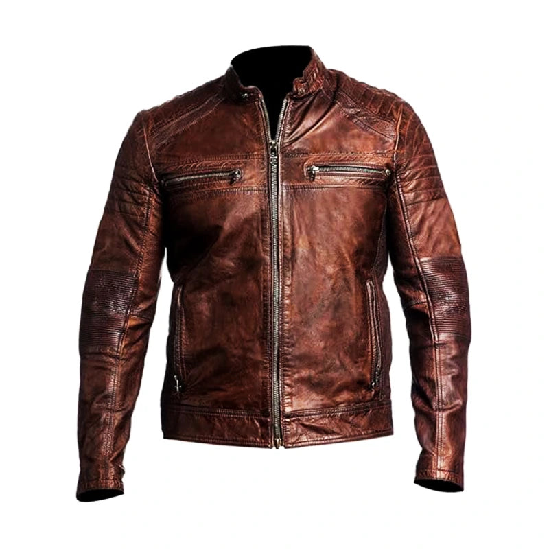 Distressed Brown Biker Leather Jacket