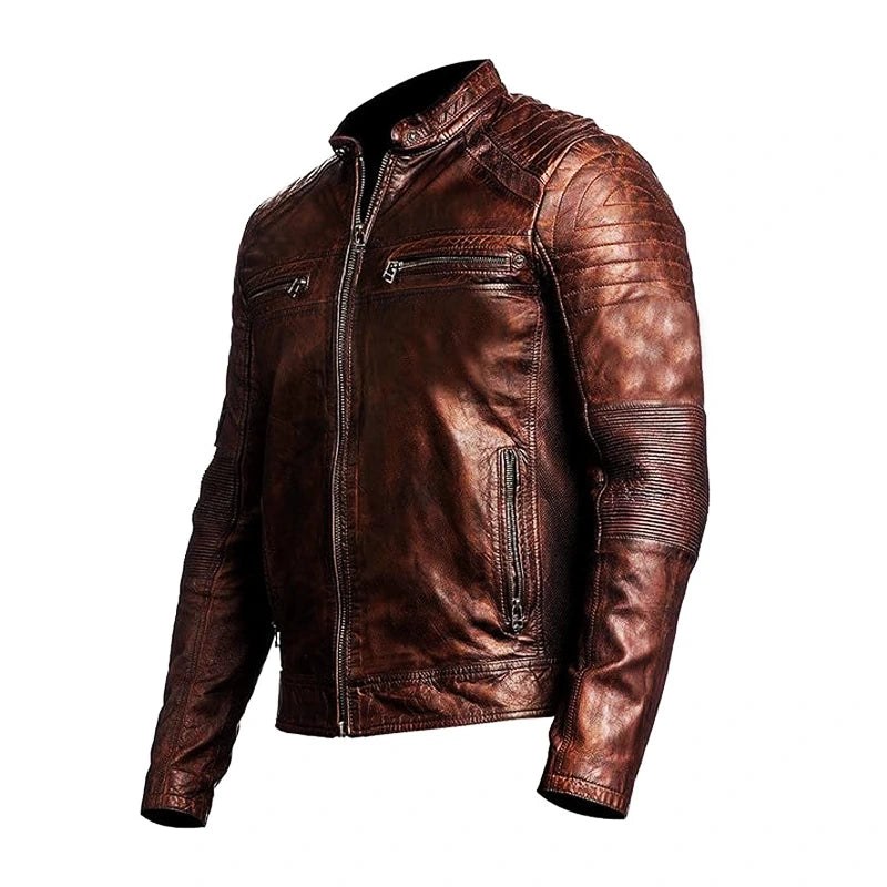 Distressed Brown Biker Leather Jacket
