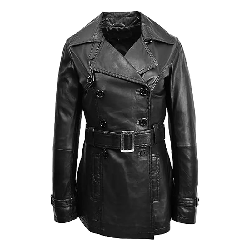 Black Double Breasted Leather Coat