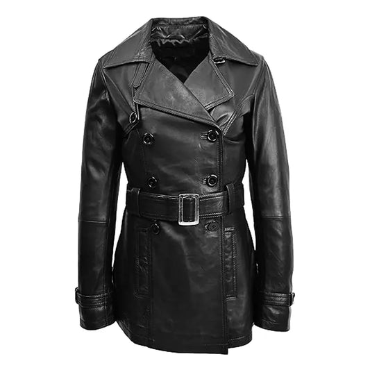 Black Double Breasted Leather Coat