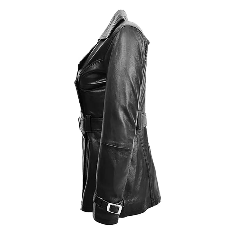 Black Double Breasted Leather Coat