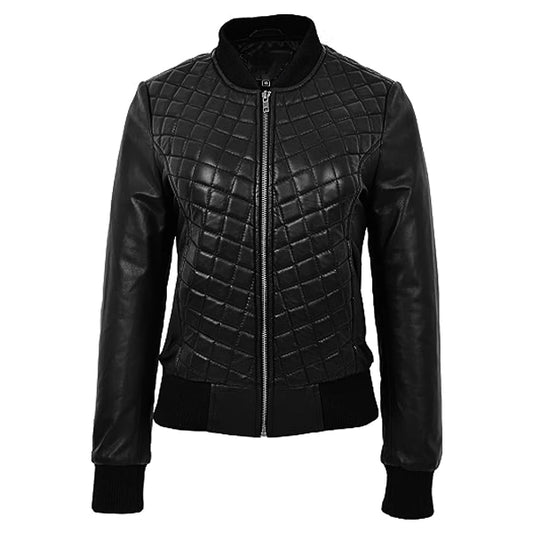 Diamond Quilted Black Leather Bomber Jacket