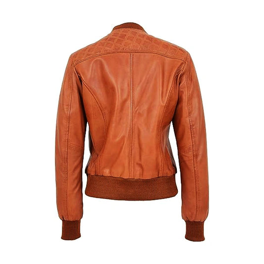 Diamond Quilted Brown Leather Bomber Jacket