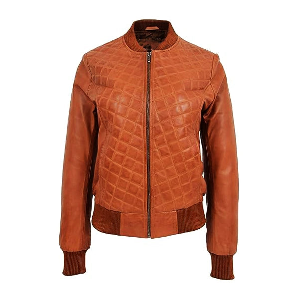 Diamond Quilted Brown Leather Bomber Jacket