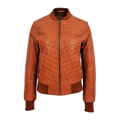 Diamond Quilted Brown Leather Bomber Jacket