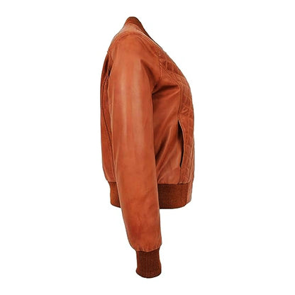 Diamond Quilted Brown Leather Bomber Jacket