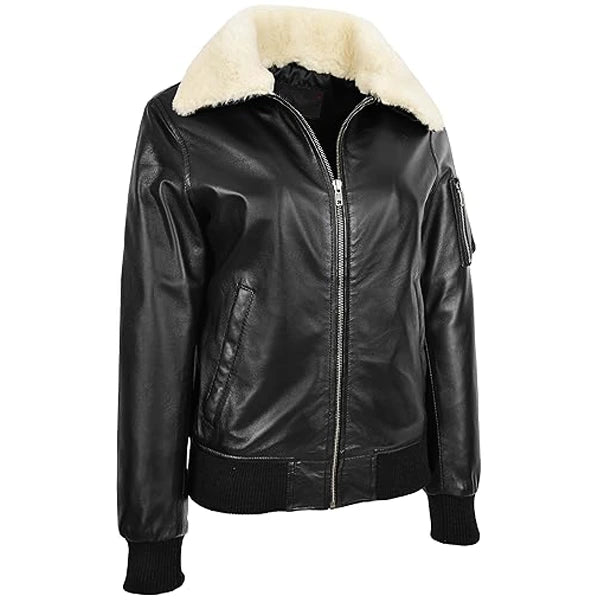 Dual Collar Black Leather Bomber Jacket