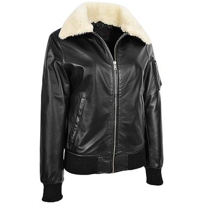 Dual Collar Black Leather Bomber Jacket