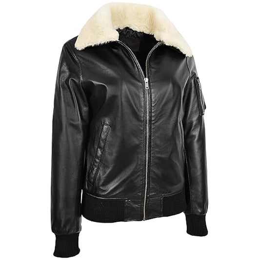 Dual Collar Black Leather Bomber Jacket