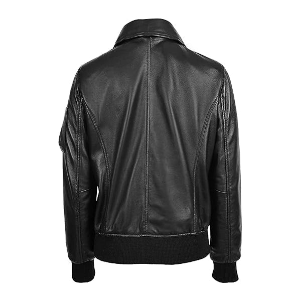 Dual Collar Black Leather Bomber Jacket