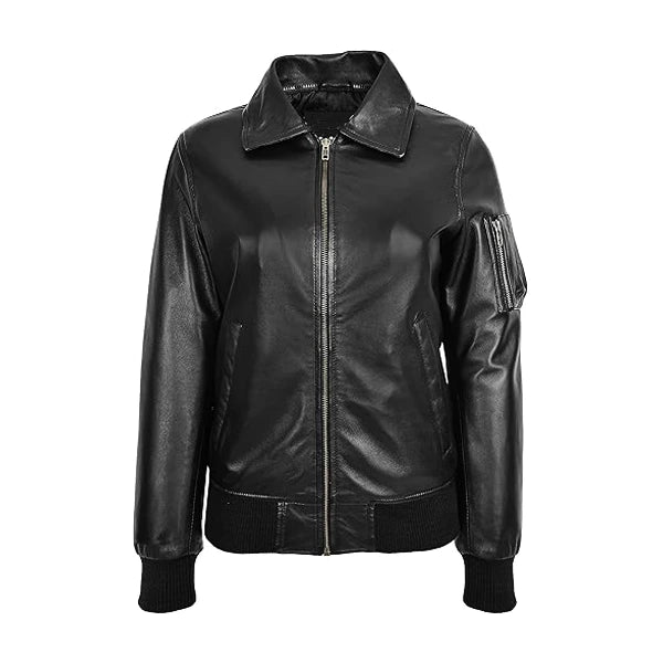 Dual Collar Black Leather Bomber Jacket