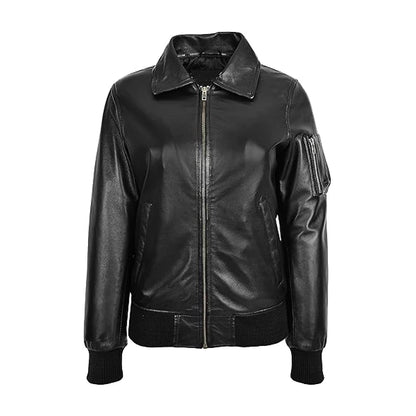Dual Collar Black Leather Bomber Jacket