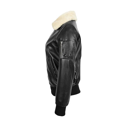 Dual Collar Black Leather Bomber Jacket